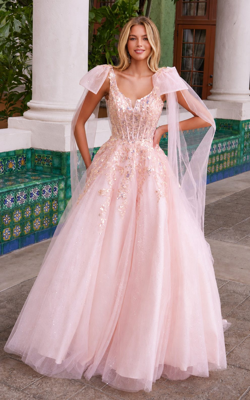 pink dress with glitter Juliet JT2438K Long Formal Glitter Ruffle Skirt Prom Dress main image 1